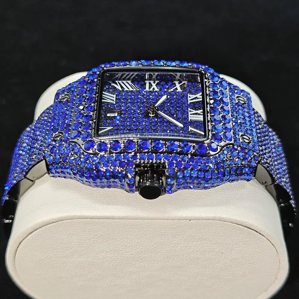 Green Diamond Watch For Men Brand UNIGUET Fashion Roman Literal Quartz Clock Man Hip Hop Iced Jewelry Square Wristwatch 2025 New