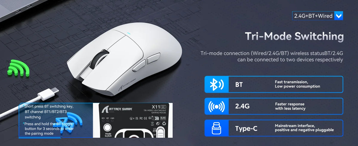 Rato Gaming Sem Fios ATTACK SHARK X11SE, Tri-Mode, Superleve de 63g com Sensor PAW3311, 22000 DPI, Bateria de 300mAh, Duplo Driver