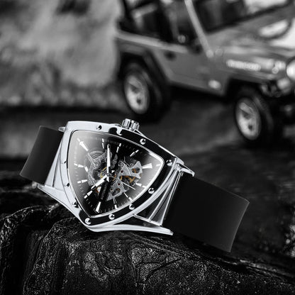 WINNER automatisk herreur, trekantet skeletdesign, selvlysende visere, gummiarmbånd, militærstil, luksuriøst mekanisk ur
