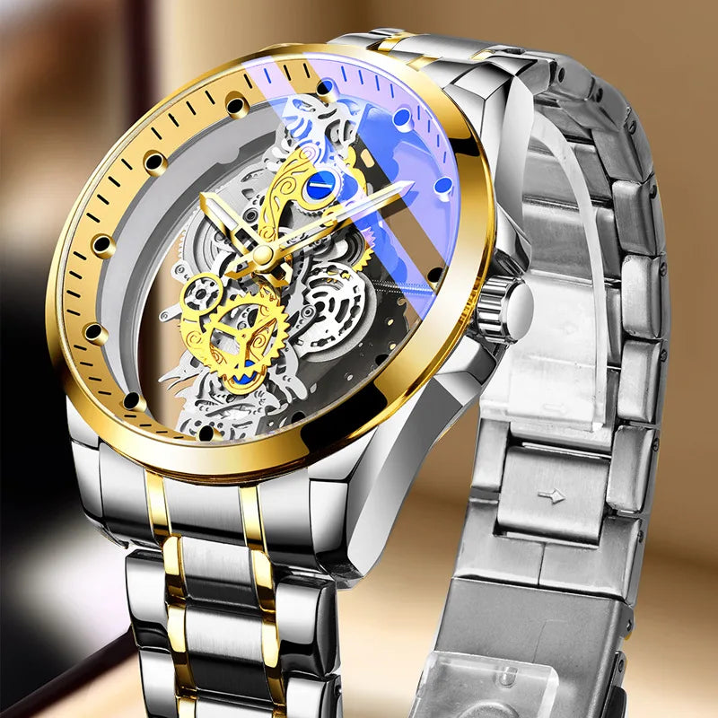 Montre tendance pour homme, modèle à double ouverture, style luxe doré, imitation tourbillon mécanique, mouvement à quartz.