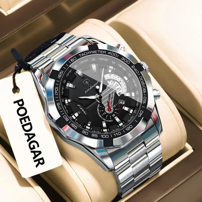 POEDAGAR luxe herenhorloge, waterdicht, verlicht, datum, sportief, roestvrijstalen band, quartz uurwerk.