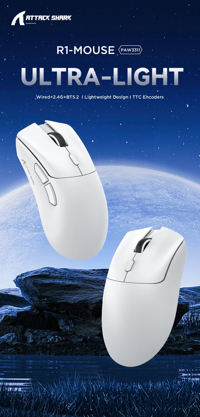 Attack Shark R1 Wireless Mouse Bluetooth Gaming Mouse, Viral Mouse Reviewed by Influencers PAW3311 Sensor, 1000Hz Return-rate
