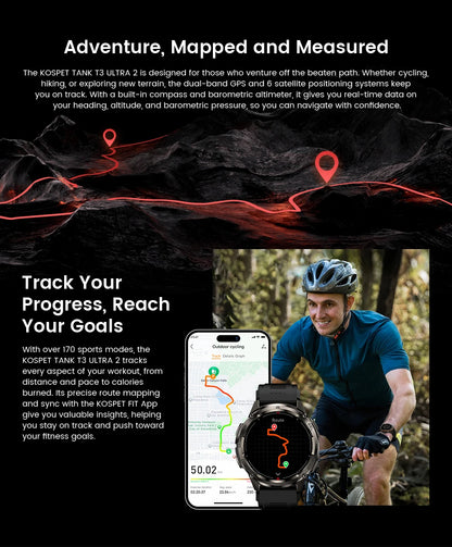 Ceas inteligent KOSPET TANK T3 Ultra 2 pentru bărbați, cu GPS, din oțel inoxidabil, rezistent la apă până la 50 m, IP69K, monitor de sănătate, compatibil cu Android și iOS