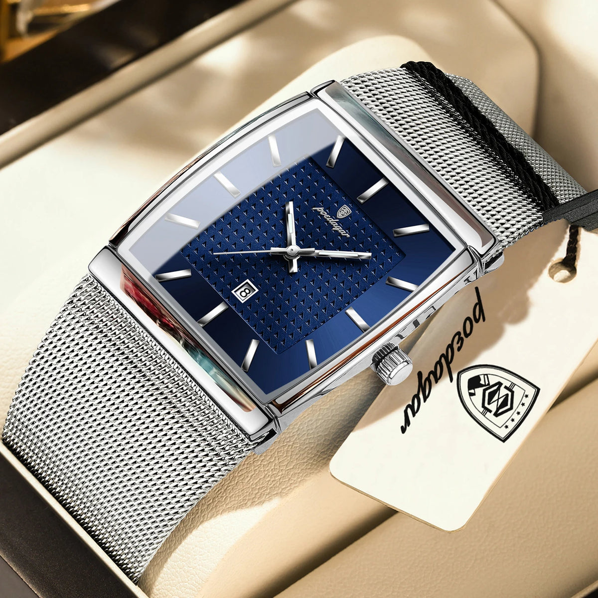 POEDAGAR men’s watch, luxury model, stainless steel mesh strap, date display, water-resistant, luminescent hands, casual style, rectangular case, quartz movement.