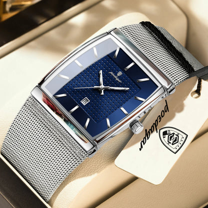 POEDAGAR men’s watch, luxury model, stainless steel mesh strap, date display, water-resistant, luminescent hands, casual style, rectangular case, quartz movement.