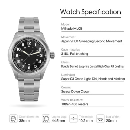 Militado ML08 Quartz Watch Ronda 515 Movement Domed Sapphire Wristwatch BGW9 Luminous 10Bar Waterproof 38mm Men Watches