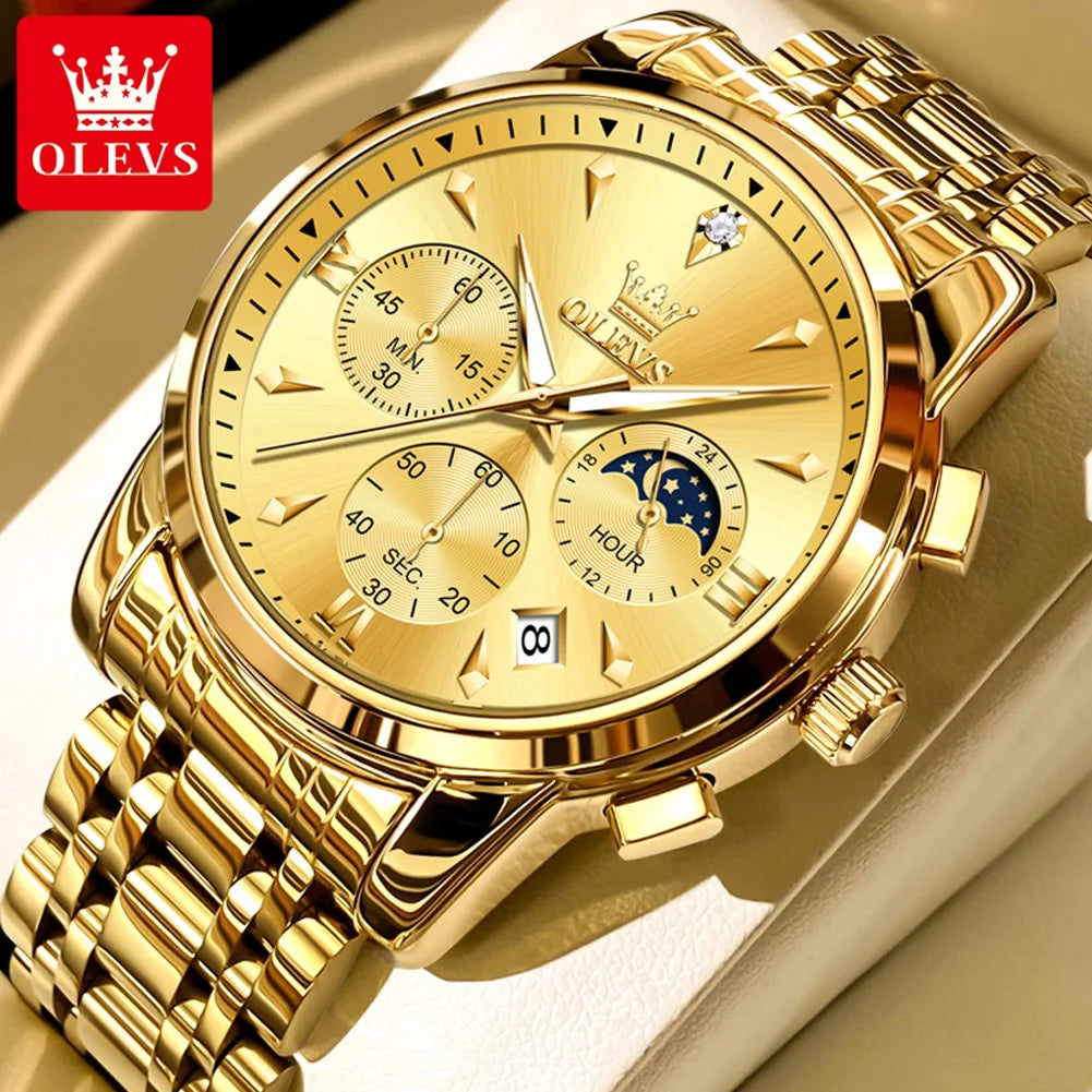 OLEVS 3639 Top Brand Original Luxury New Quartz Watch Stainless Steel Watch For Men Waterproof Luminous Moon Phase Mens Watch
