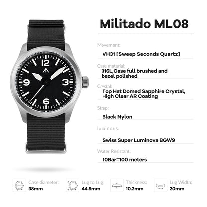 Militado ML08 V2 Vintage-Quarzuhr Military VH31-Uhrwerk Doppeltes Saphirglas C3 BGW-9 Leuchtend Wasserdicht 38mm Uhr