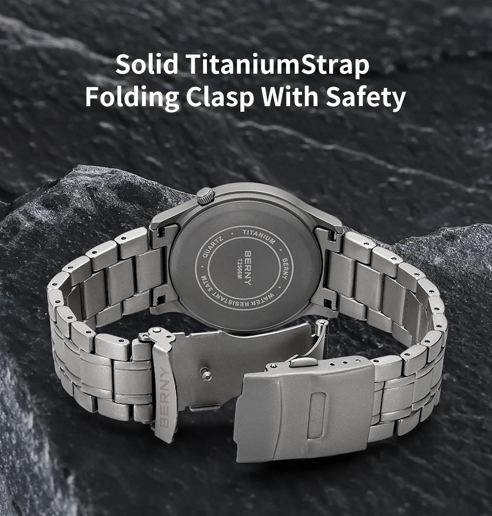 BERNY Titanium herenhorloge met kwartsmechanisme, AR-coating, saffierglas, modieus polshorloge, lichtgevend, VH31, ultradun polshorloge, waterdicht tot 5 ATM