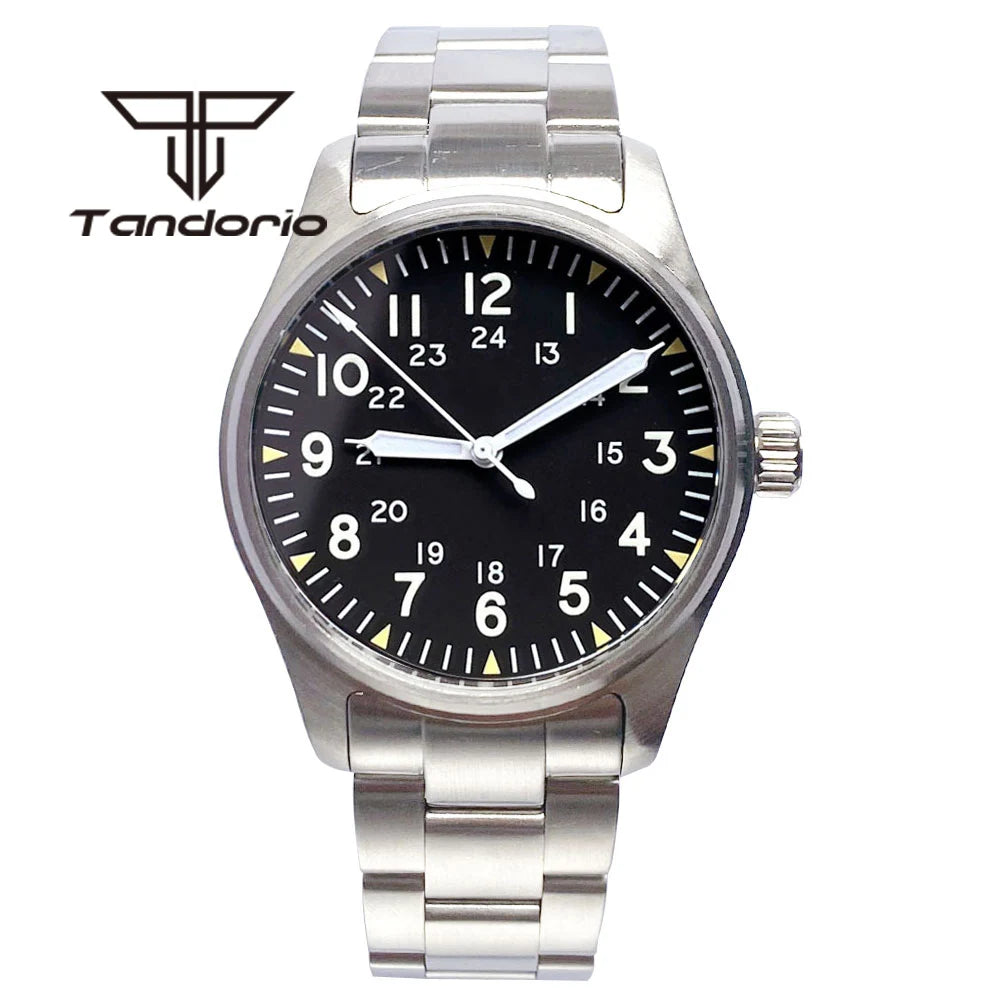 Tandorio 39 mm – męski zegarek automatyczny typu pilot nurkowy, mechanizm NH35/PT5000/Miyota8215, szafirowe szkło AR, wodoodporność 20 barów, świecące wskaźniki