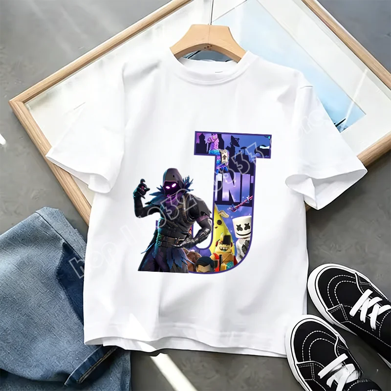 Fortnite A-Z Alphabet Print T-Shirt für Kinder, Sommer, weiß, beliebtes Cartoon-Game-Shirt, modisches Casual-Kurzarmtop, Geschenk