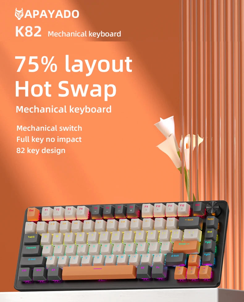 APAYADO 75% Gaming Keyboard Wired with Metal Knob, Hot-Swap K82 Black Mechanical Keyboard,ABS Transparent Character RGB