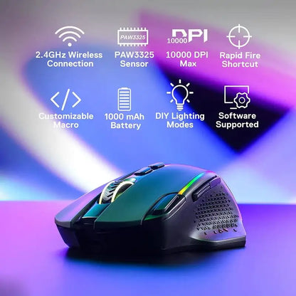 Redragon M810 Pro Wireless Gaming Mouse, 10000 DPI Wired Gamer Mouse with Rapid Fire Key, 8 Macro Buttons, Black/White Mouse