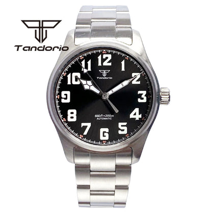 Tandorio 39 mm – męski zegarek automatyczny typu pilot nurkowy, mechanizm NH35/PT5000/Miyota8215, szafirowe szkło AR, wodoodporność 20 barów, świecące wskaźniki