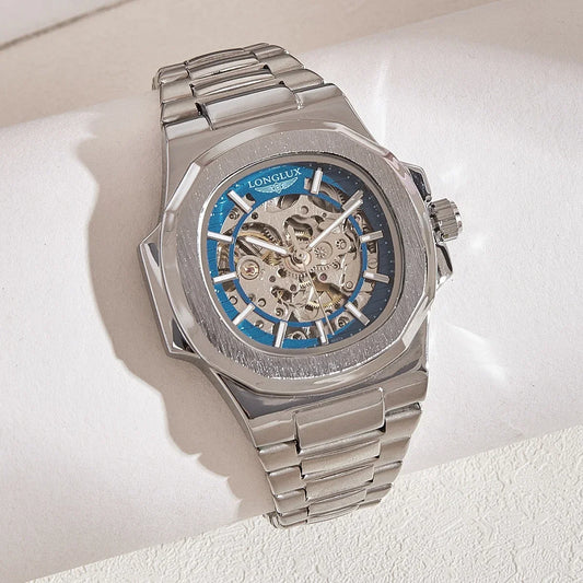 LONGLUX Men automatic mechanical watch luxury watches waterproof skeleton business cheap wholesale stainless steel gift watch
