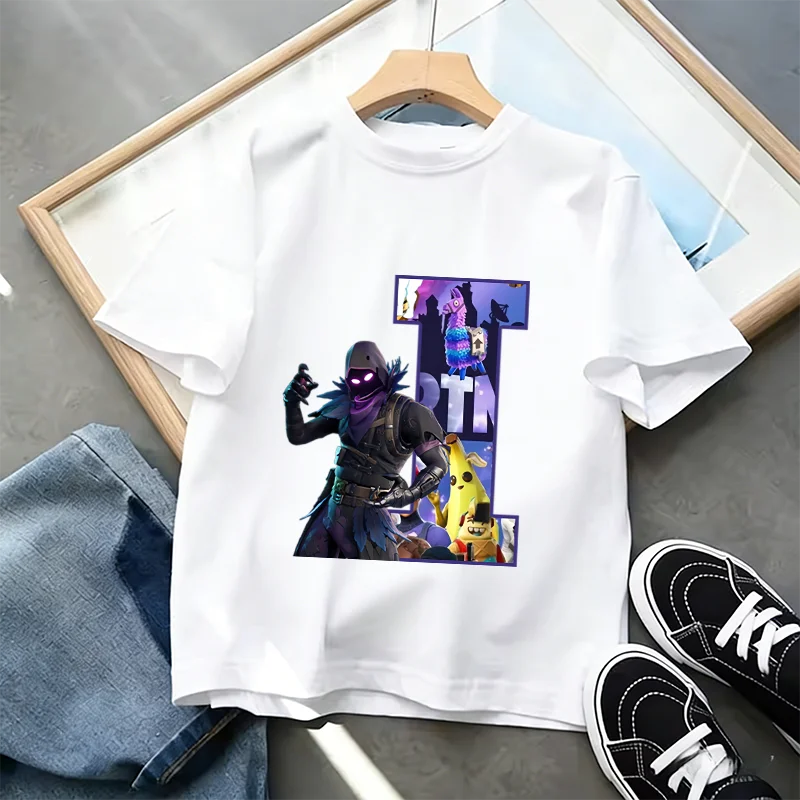Fortnite A-Z Alphabet Print T-Shirt für Kinder, Sommer, weiß, beliebtes Cartoon-Game-Shirt, modisches Casual-Kurzarmtop, Geschenk