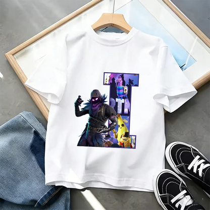 Fortnite A-Z Alphabet Print T-Shirt für Kinder, Sommer, weiß, beliebtes Cartoon-Game-Shirt, modisches Casual-Kurzarmtop, Geschenk