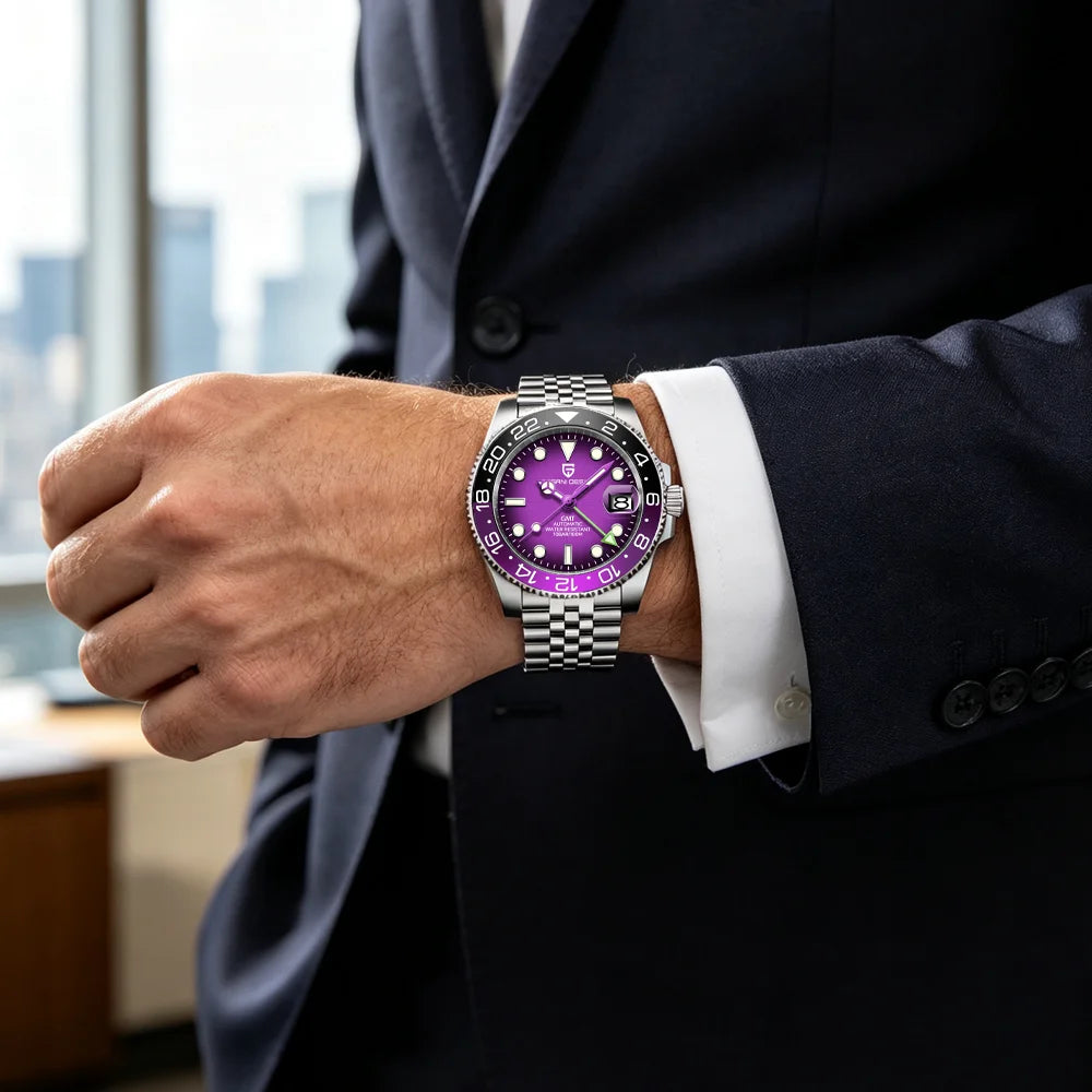 Механичен мъжки часовник Pagani Design GMT – Луксозен модел със сапфирен кристал, корпус от неръждаема стомана и керамична рамка – Автоматичен мъжки часовник, професионален стил