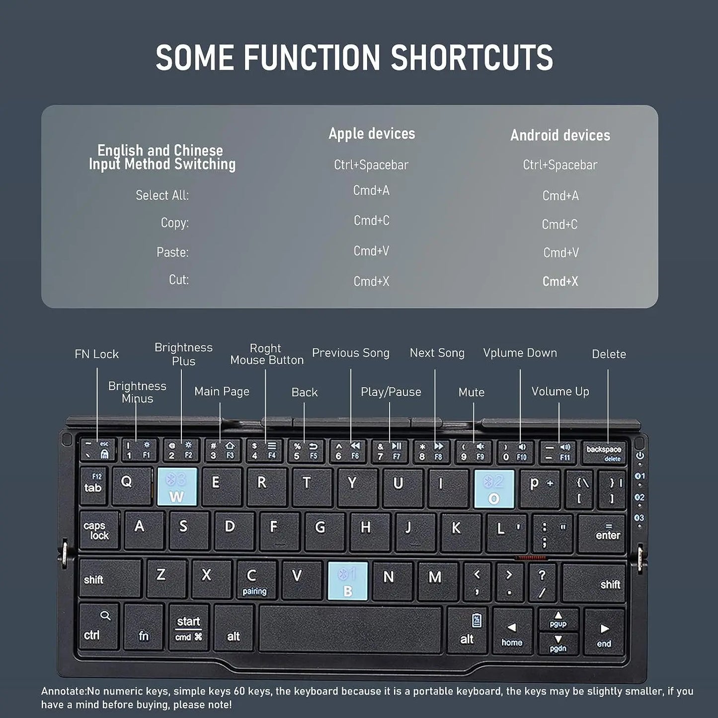 Jomaa faltbare Bluetooth-Tastatur, wiederaufladbare Bluetooth-Tastatur für Laptop, iPad und Smartphone, mini, tragbar und faltbar