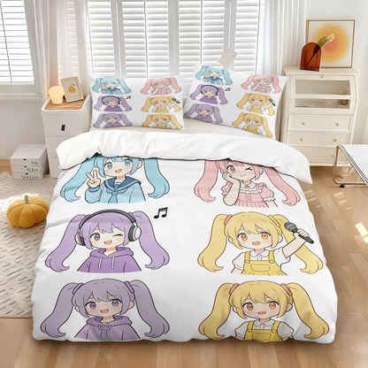 Σετ κάλυμμα παπλώματος Hatsune Miku σε στυλ Chibi – Χαριτωμένα κλινοσκεπάσματα anime με μαξιλαροθήκες – Διακόσμηση υπνοδωματίου για εφήβους και παιδιά – Δώρο για τους θαυμαστές