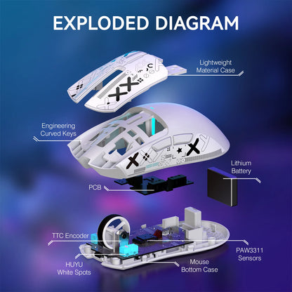 ATTACK SHARK X11 lätt trådlös gamingmus med RGB-bakgrundsbelyst laddning, upp till 22K DPI, optisk PAW3311-sensor, HUYU-brytare