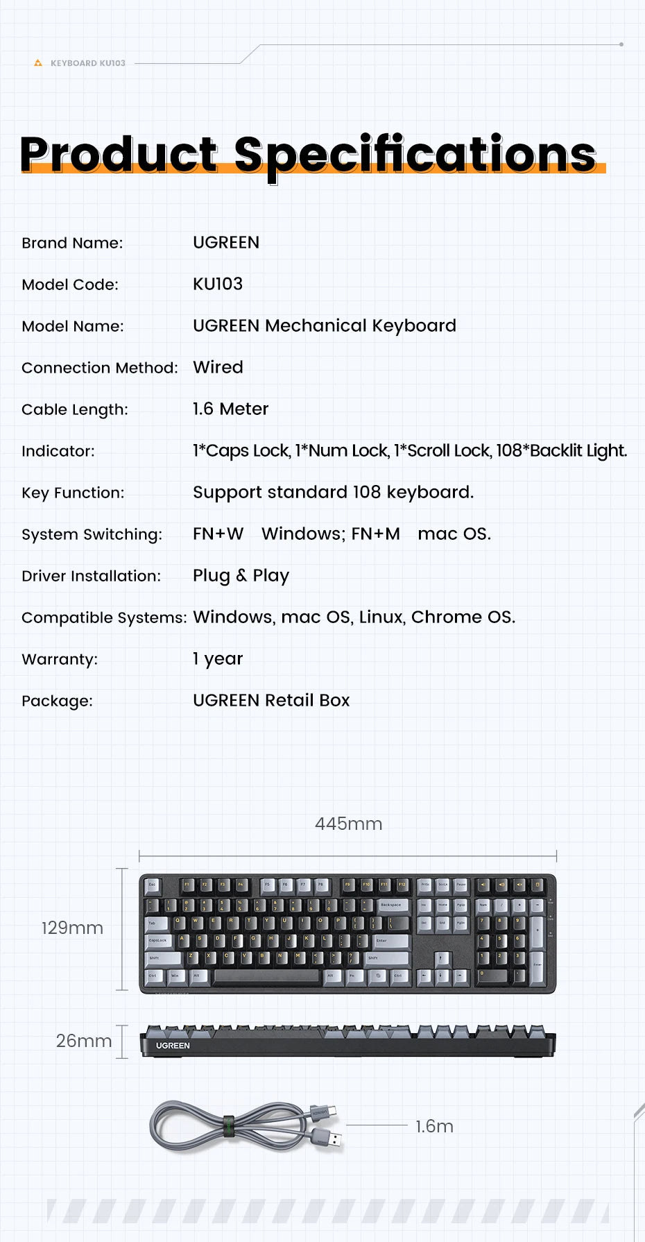 UGREEN Mechanical Keyboard 108 PBT Keycaps Wired Keyboard Red Switch Russian/Korean/EN for Desktop Laptop Windows Mac OS Gaming