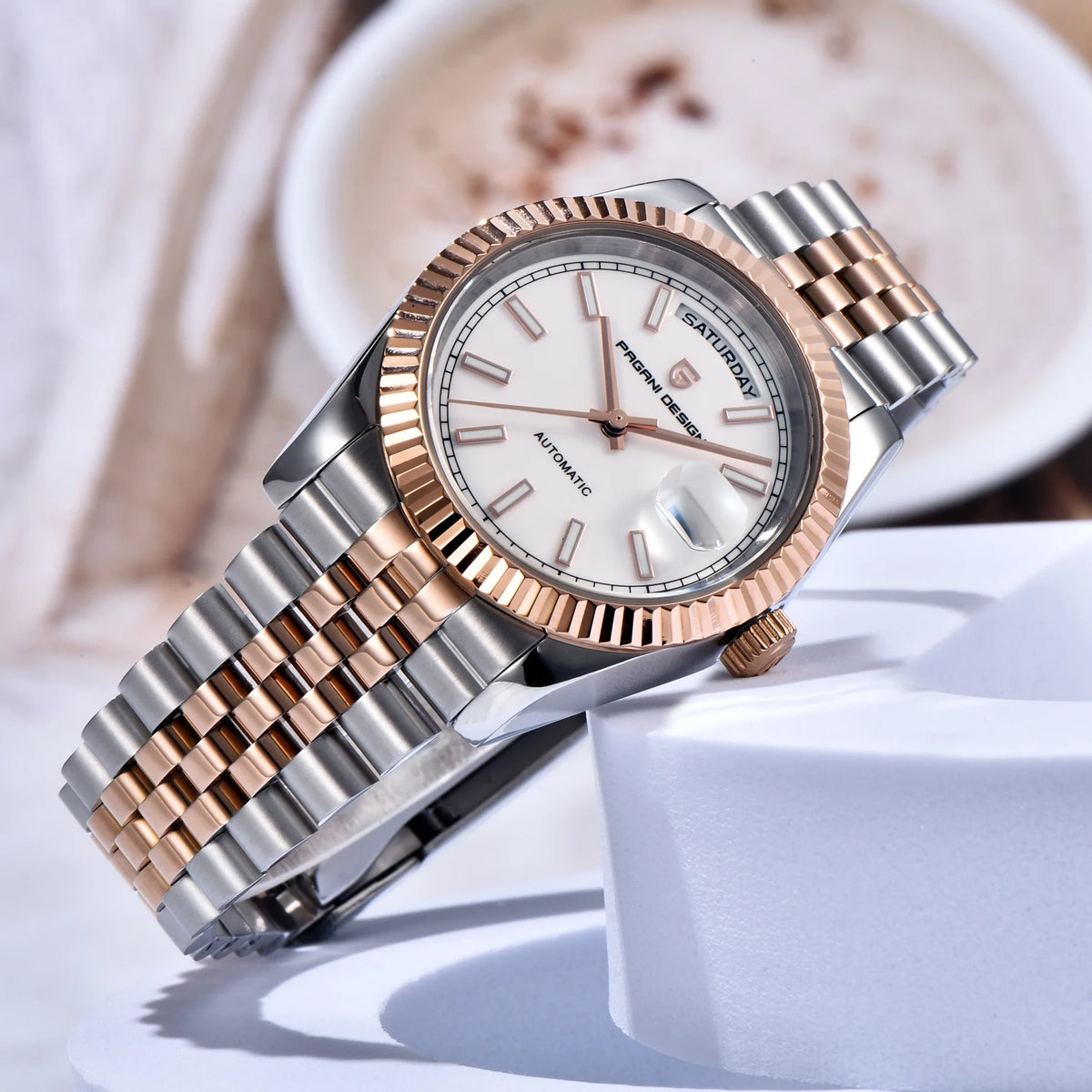 PAGANI DESIGN Luxe herenhorloge met saffierglas, lichtgevende wijzers, roestvrij staal, week- en datumweergave, mechanisch, waterdicht, ST16 herenhorloge