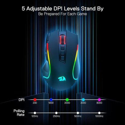 Redragon M612 PRO BT & 2.4 RGB Gaming Mouse, 8000 DPI Wired/Wireless Optical Gamer Mice, 11 Programmable Buttons & 6 Backlit Modes
