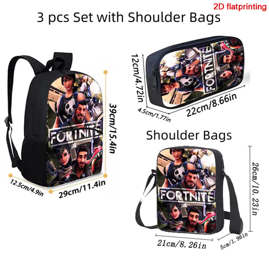 FORTNITE 3Pcs School Backpack Set,Front Pocket Bag Crossbody Pencil Case,Age5-10 Boys Girls Lightweight,Free 3D Printed Keychain