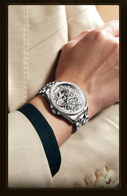 OUPINKE Men's Watches Top Brand Luxury Gold Tungsten Steel Original Automatic Mechanical Wristwatch Featured Dragon Pattern Dial