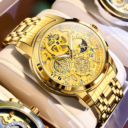 Montre pour homme OLEVS – Modèle de luxe, étanche, à quartz, style squelette, affichage 24 heures (jour/nuit), coloris doré