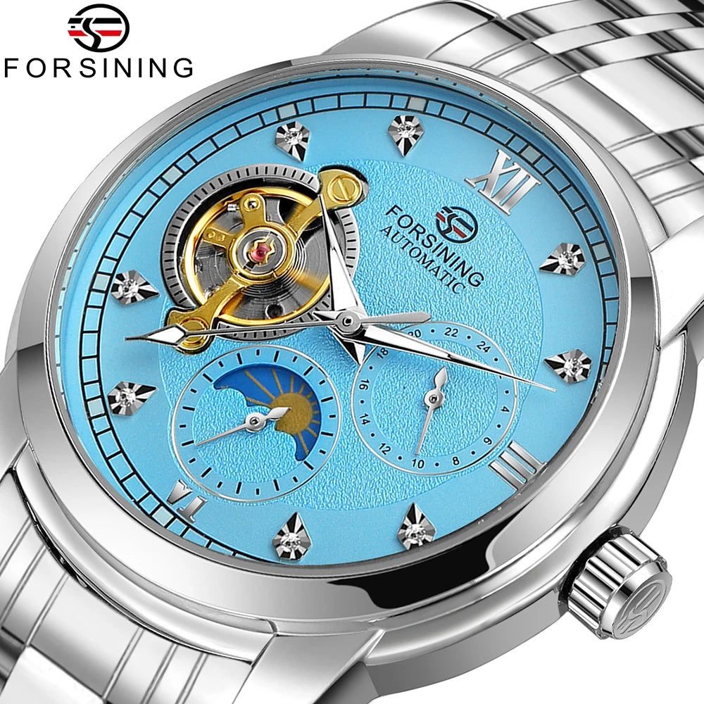 Forsining mekanisk automatisk herrklocka – Lyxig, affärsmässig och trendig stil, metallarmband, tourbillon, självlysande visare, prydd med syntetiska diamanter
