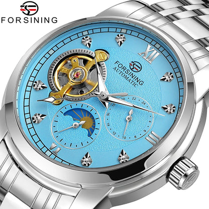 Forsining mekanisk automatisk herrklocka – Lyxig, affärsmässig och trendig stil, metallarmband, tourbillon, självlysande visare, prydd med syntetiska diamanter