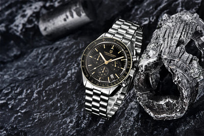 Montre pour homme PAGANI DESIGN « New Moon » – Montre à quartz de luxe, chronographe, verre saphir avec traitement antireflet, lunette en céramique, aiguilles luminescentes