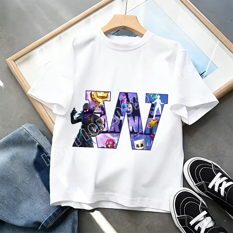 Fortnite A-Z Alphabet Print T-Shirt für Kinder, Sommer, weiß, beliebtes Cartoon-Game-Shirt, modisches Casual-Kurzarmtop, Geschenk
