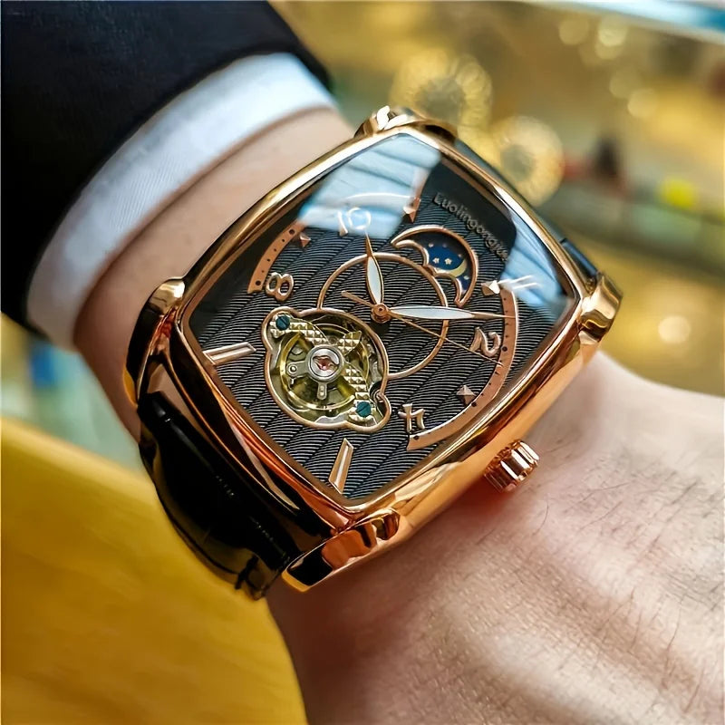 [Reloj mecánico de lujo con tourbillon] Reloj mecánico de lujo con tourbillon ligero para hombre: modelo de gama alta totalmente automático, con un moderno diseño «esqueleto», ideal para un atuendo profesional o