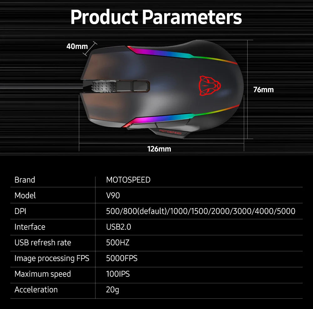 MOTOSPEED V90 Wired Gaming Mouse RGB, 5000 DPI Programmable Gaming Mouse with 9 Buttons, PMW3325 Optical Sensor, USB Wired Gaming Mouse for PC & Laptop