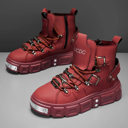 Baskets montantes noires à rivets, mode, pour homme, en cuir, design de luxe, chaussures de ville, style gothique et punk, bottes de moto pour homme, grandes tailles jusqu'à la taille 46