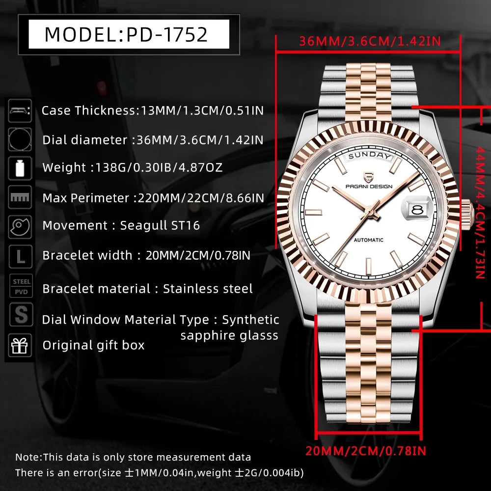 PAGANI DESIGN Luxe herenhorloge met saffierglas, lichtgevende wijzers, roestvrij staal, week- en datumweergave, mechanisch, waterdicht, ST16 herenhorloge