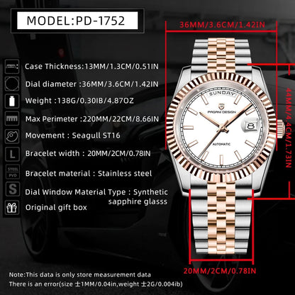 PAGANI DESIGN Luxe herenhorloge met saffierglas, lichtgevende wijzers, roestvrij staal, week- en datumweergave, mechanisch, waterdicht, ST16 herenhorloge