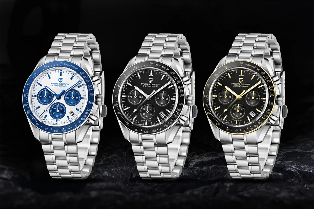 Montre pour homme PAGANI DESIGN « New Moon » – Montre à quartz de luxe, chronographe, verre saphir avec traitement antireflet, lunette en céramique, aiguilles luminescentes
