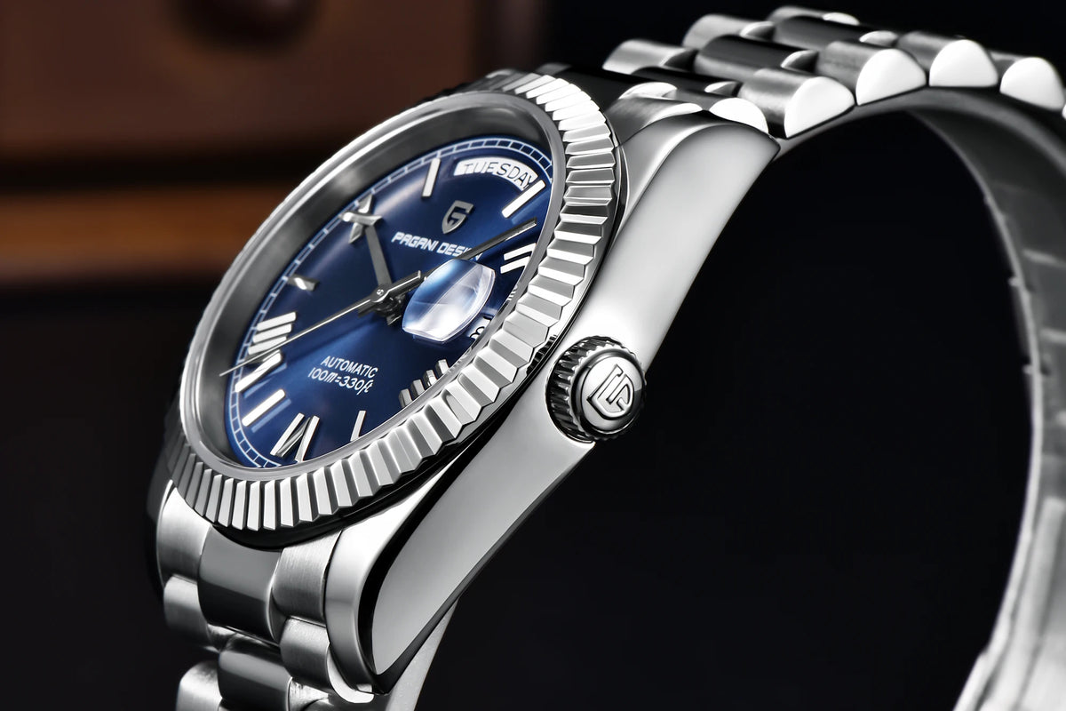 PAGANI DESIGN Luxe herenhorloge met saffierglas, lichtgevende wijzers, roestvrij staal, week- en datumweergave, mechanisch, waterdicht, ST16 herenhorloge
