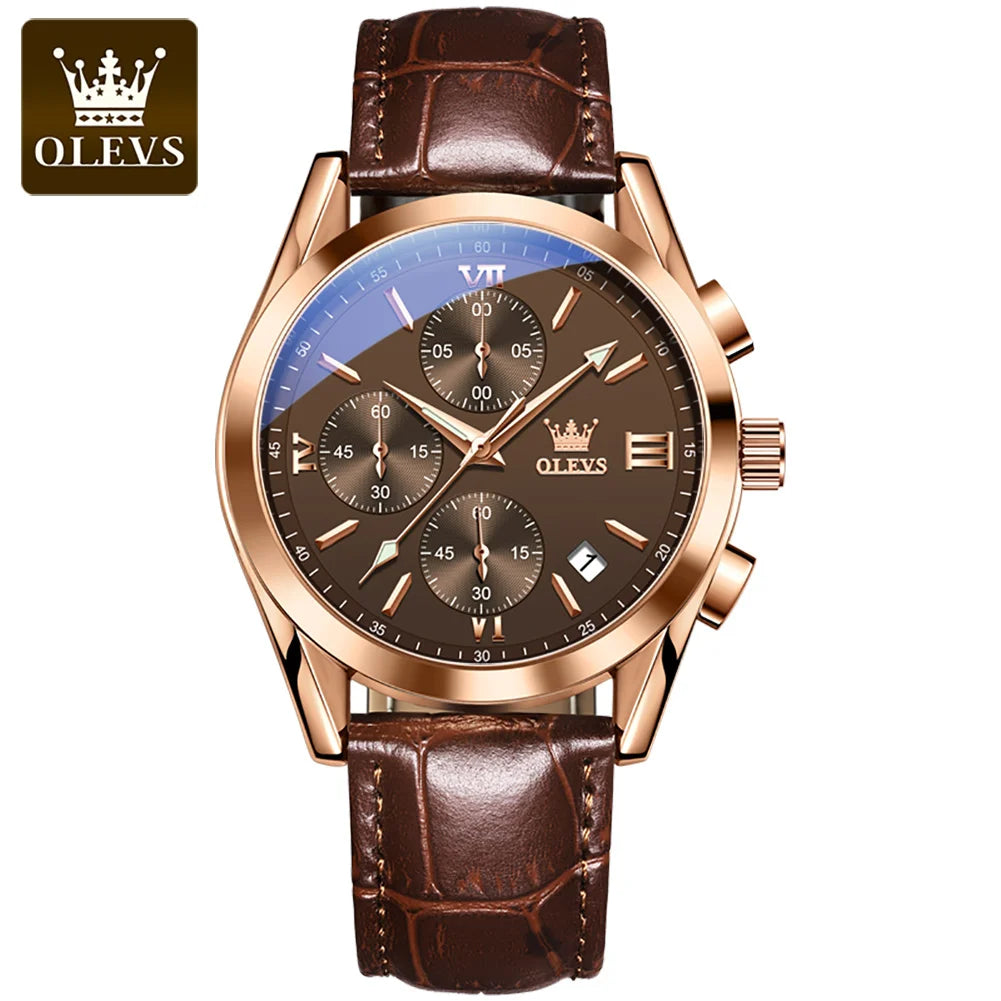 Orologio da polso cronografo da uomo OLEVS 2872 – Cinturino in pelle, impermeabile, lancette luminescenti, movimento al quarzo, stile sportivo di lusso