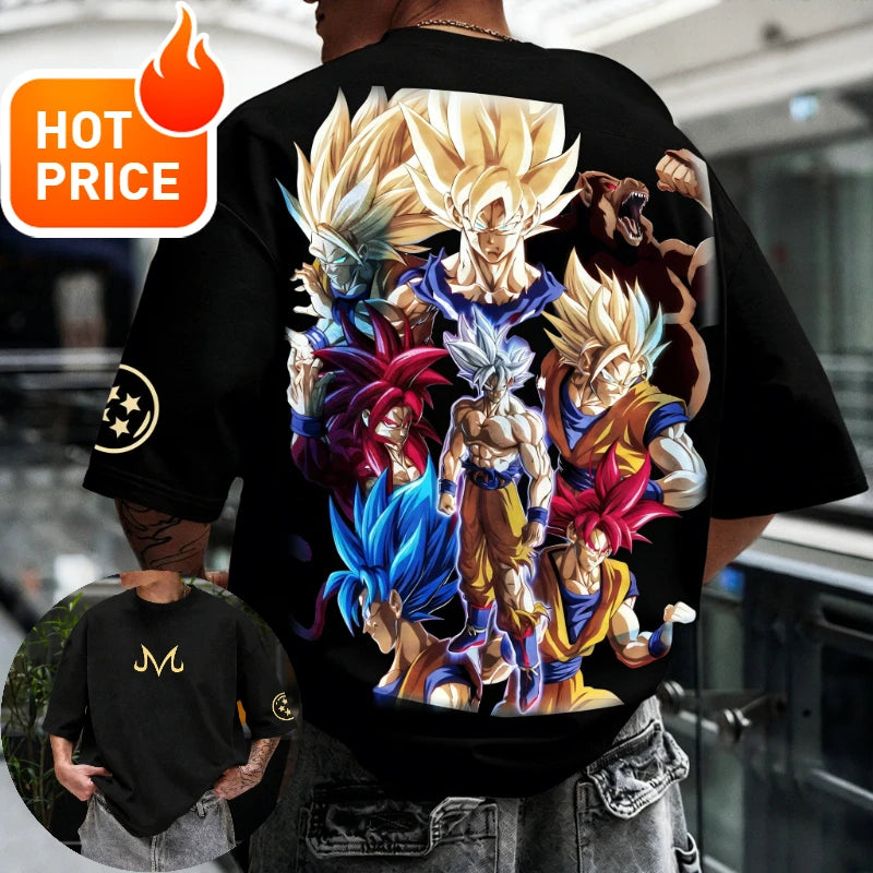 Sommer-Dragon Ball-T-shirt i 100 % bomuld med print af Goku i alle former – oversized gym- og streetwear-T-shirt i retrostil til voksne og børn