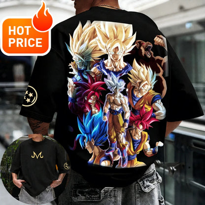 Sommer-Dragon Ball-T-shirt i 100 % bomuld med print af Goku i alle former – oversized gym- og streetwear-T-shirt i retrostil til voksne og børn