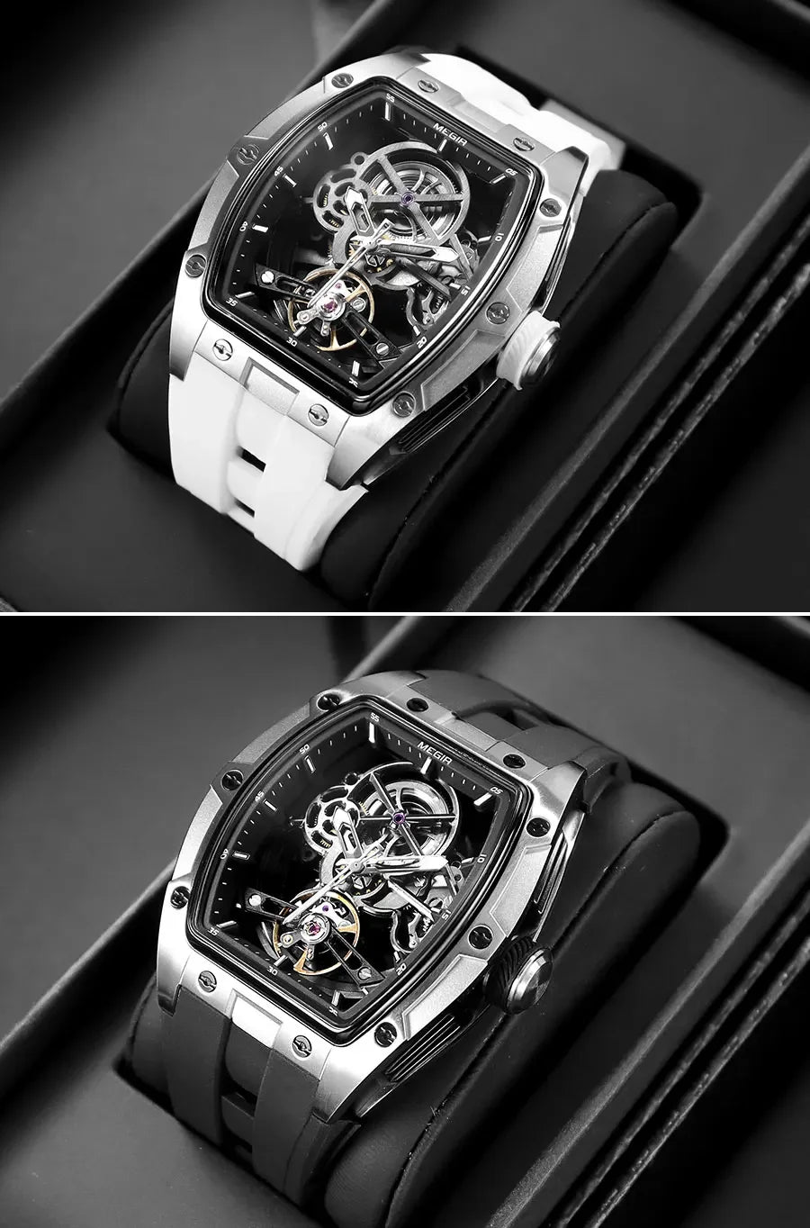 Orologio da polso automatico MEGIR da uomo, fashion, cinturino in silicone nero, impermeabile, luminoso, sportivo, meccanico, con quadrante tonneau 2242