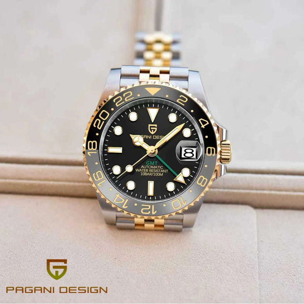 Механичен мъжки часовник Pagani Design GMT – Луксозен модел със сапфирен кристал, корпус от неръждаема стомана и керамична рамка – Автоматичен мъжки часовник, професионален стил