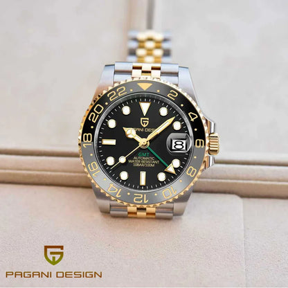Механичен мъжки часовник Pagani Design GMT – Луксозен модел със сапфирен кристал, корпус от неръждаема стомана и керамична рамка – Автоматичен мъжки часовник, професионален стил