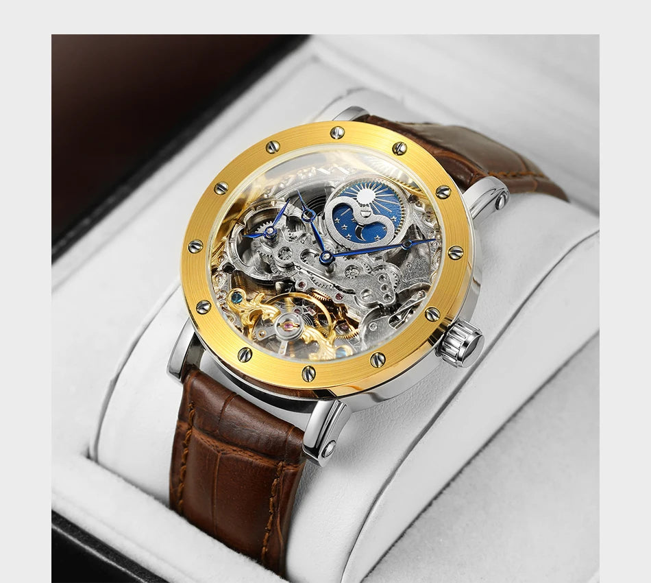 Pánske mechanické automatické náramkové hodinky SKROX, skeletový model s funkciou GMT, fázami mesiaca a tourbillon – luxusné hodinky najvyššej triedy, elegantné a originálne.