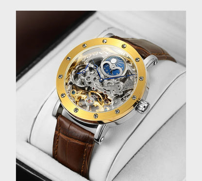 Pánske mechanické automatické náramkové hodinky SKROX, skeletový model s funkciou GMT, fázami mesiaca a tourbillon – luxusné hodinky najvyššej triedy, elegantné a originálne.